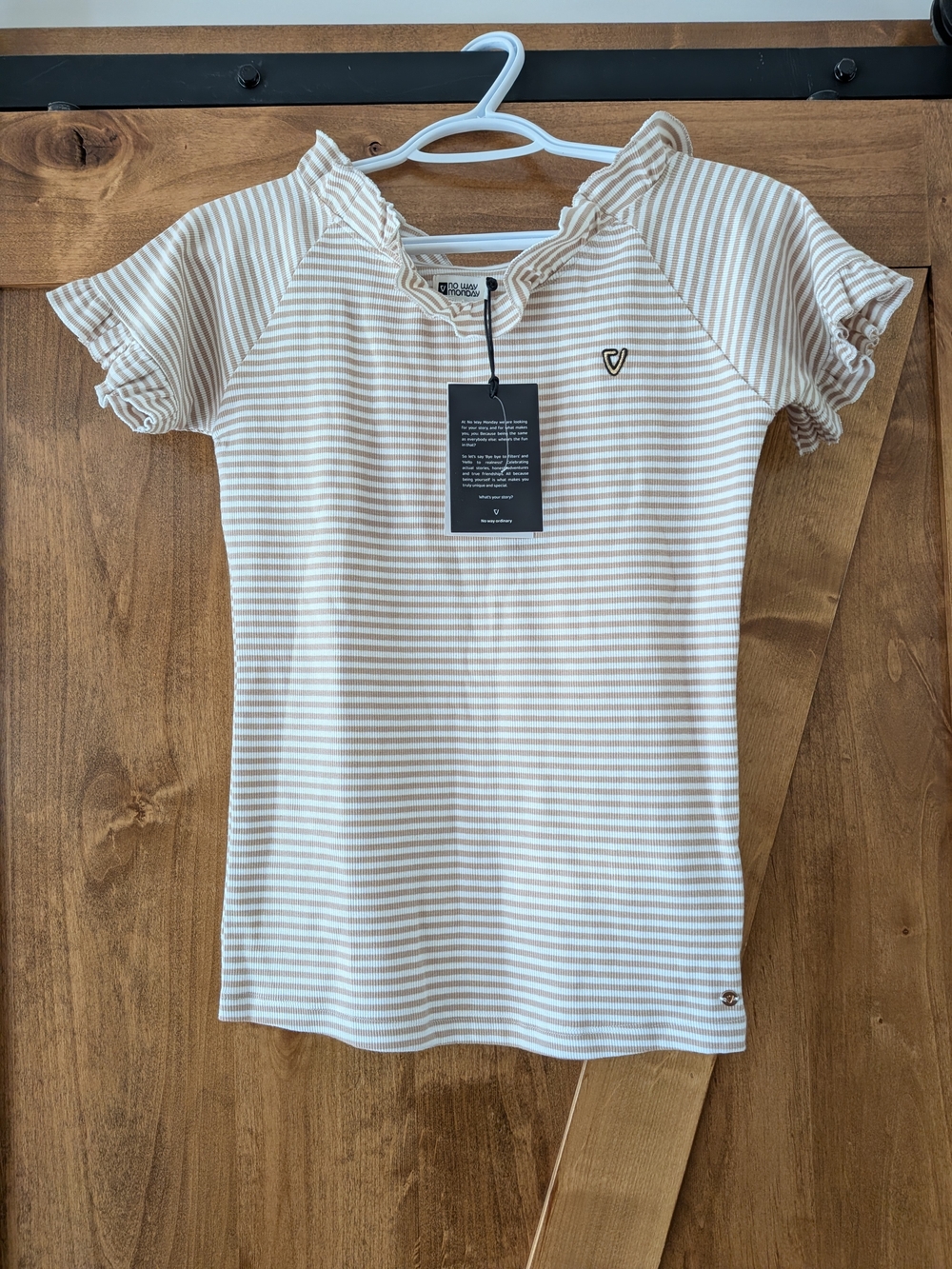No Way Monday Beige Stripe Ruffle Neck Girl's Cotton Top